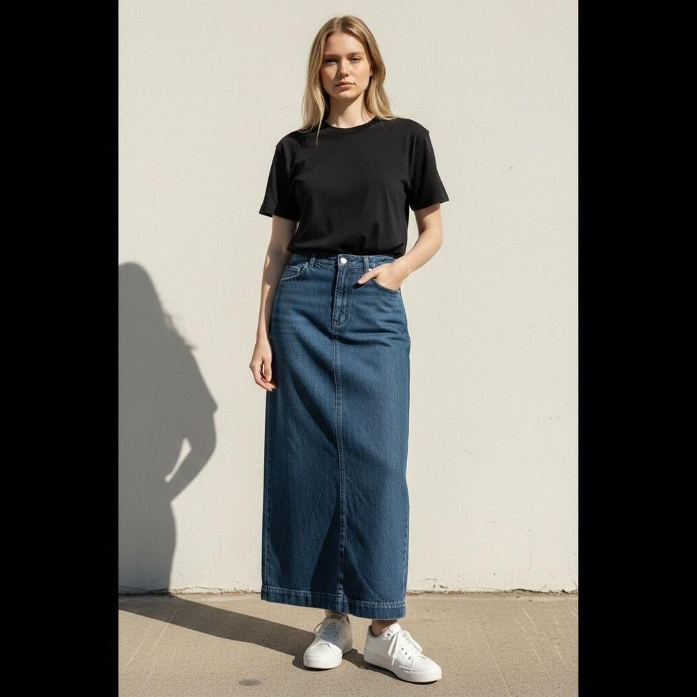 Vintage 90s Lee Casuals Denim Maxi Skirt 30 Blue Y2K Back Slit Modest Grunge